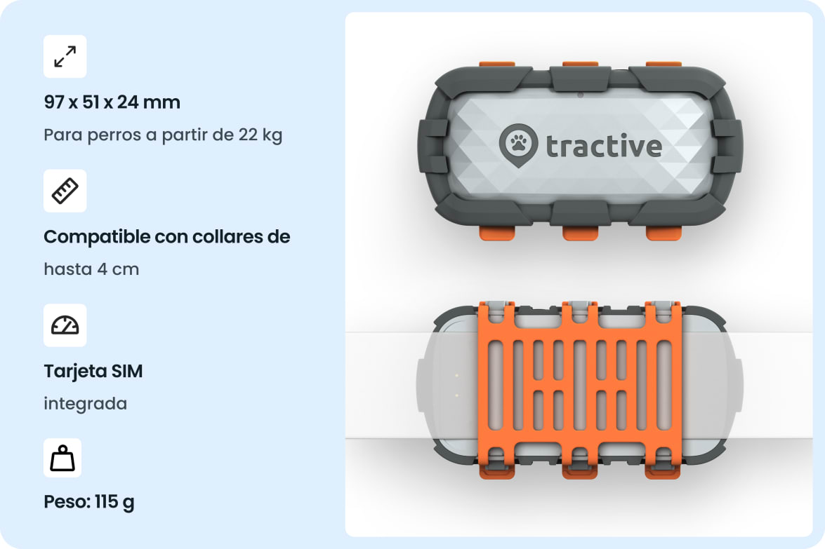 Tractive DOG XL Adventure tracker with rugged design, dimensions, weight, and collar compatibility for dogs 22 kg and up.