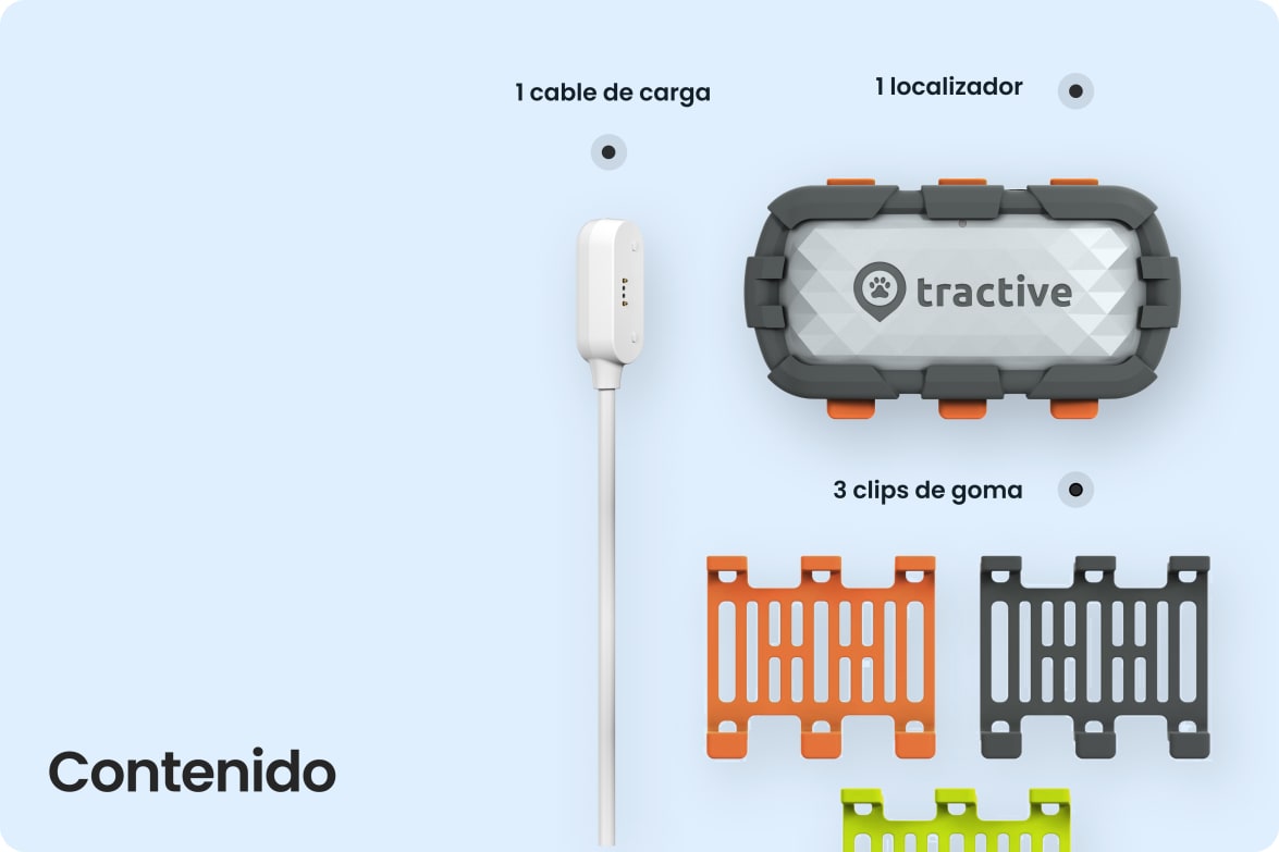 Box contents for Tractive DOG XL Adventure with tracker, charging cable, and three rubber clip options.