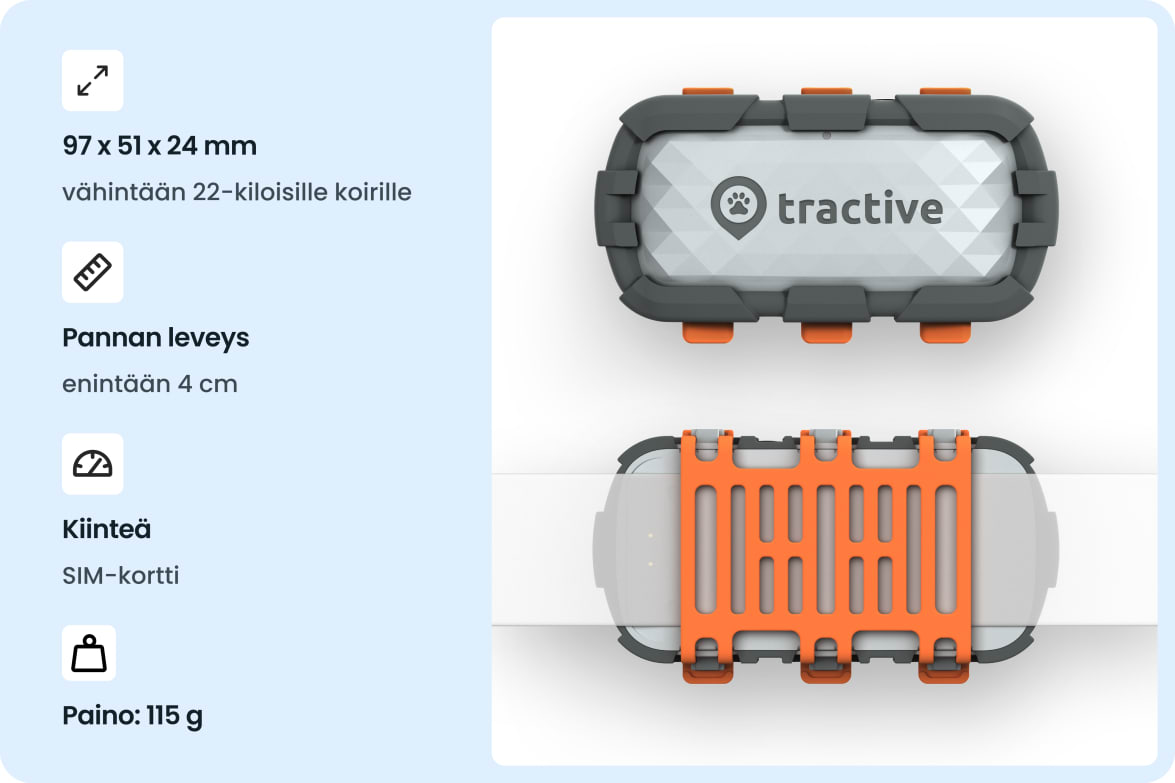 Tractive DOG XL Adventure tracker with rugged design, dimensions, weight, and collar compatibility for dogs 22 kg and up.