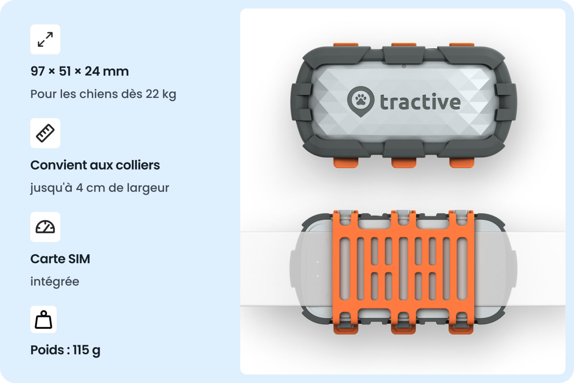 Tractive DOG XL Adventure tracker with rugged design, dimensions, weight, and collar compatibility for dogs 22 kg and up.