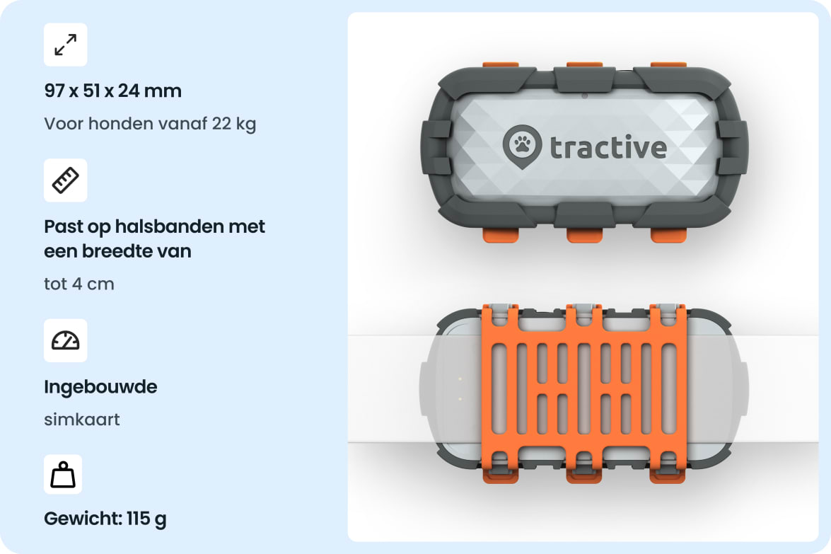 Tractive DOG XL Adventure tracker with rugged design, dimensions, weight, and collar compatibility for dogs 22 kg and up.