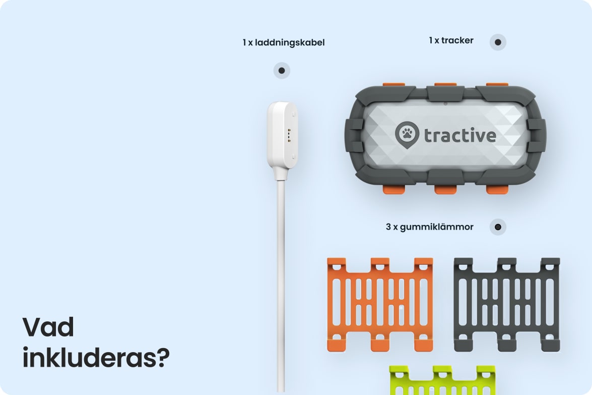 Box contents for Tractive DOG XL Adventure with tracker, charging cable, and three rubber clip options.
