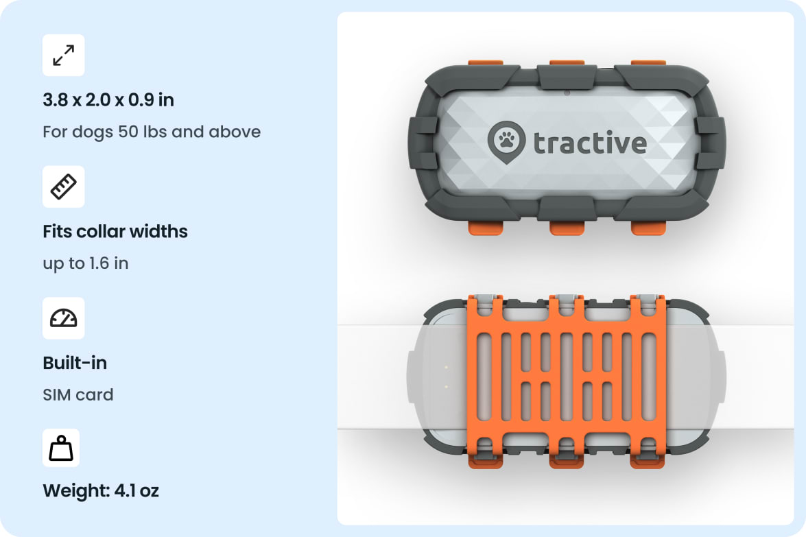 Tractive DOG XL Adventure tracker with rugged design, dimensions, weight, and collar compatibility for dogs 22 kg and up.