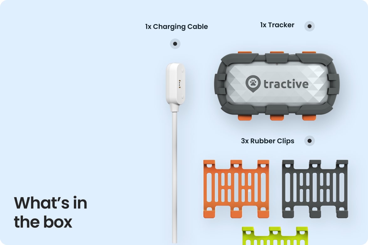 Box contents for Tractive DOG XL Adventure with tracker, charging cable, and three rubber clip options.