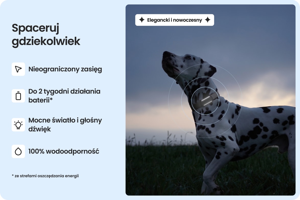 Dalmatian wearing Tractive DOG 6 - Black tracker, highlighting waterproof design, long battery life, and unlimited range.