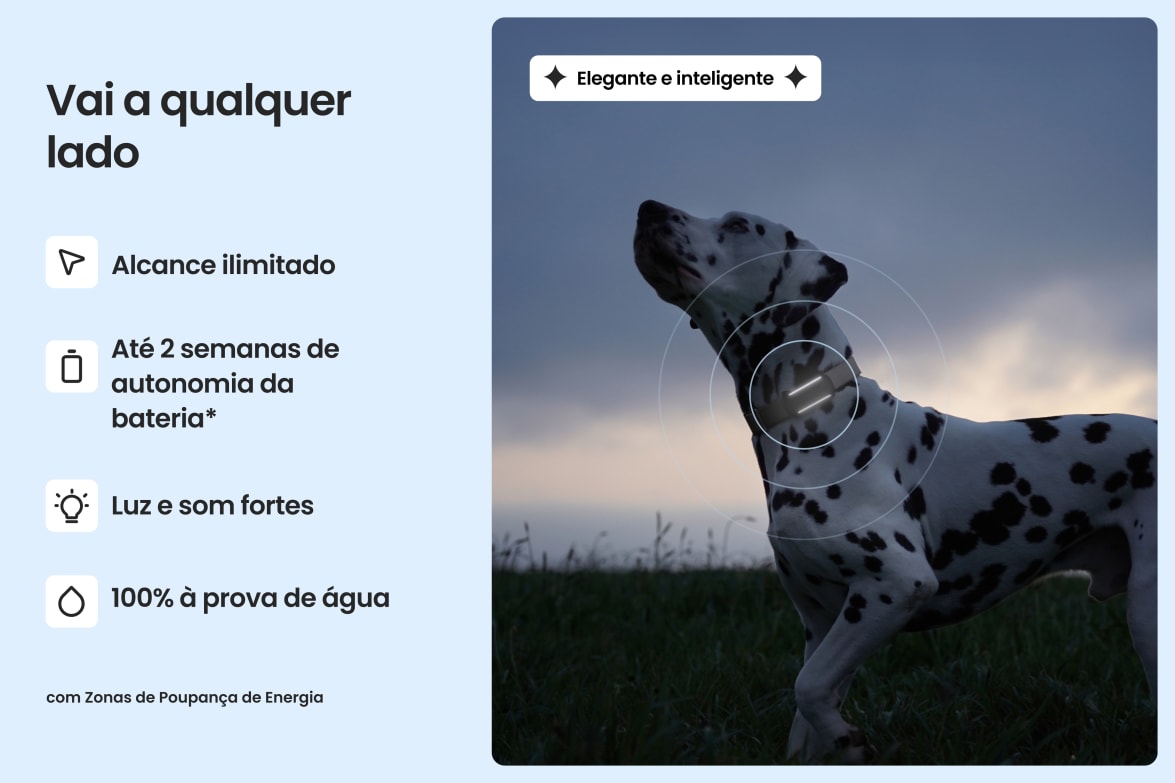 Dalmatian wearing Tractive DOG 6 - Black tracker, highlighting waterproof design, long battery life, and unlimited range.