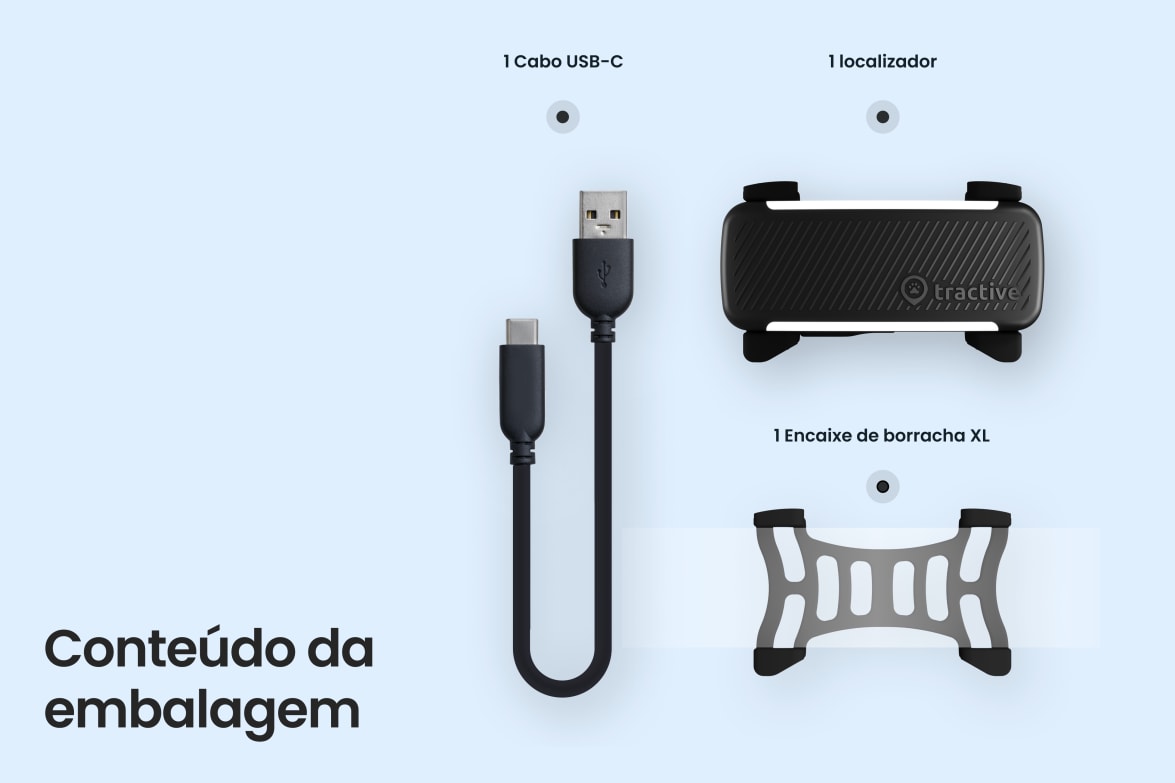 Box contents including Tractive DOG 6 - Black tracker, USB-C cable, and rubber clip.