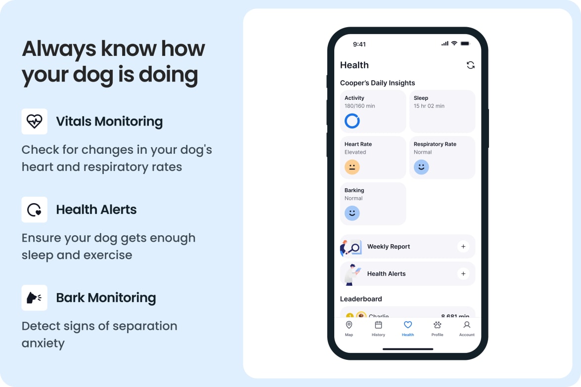App interface showing dog health stats like activity, sleep, heart rate, and barking with alerts.