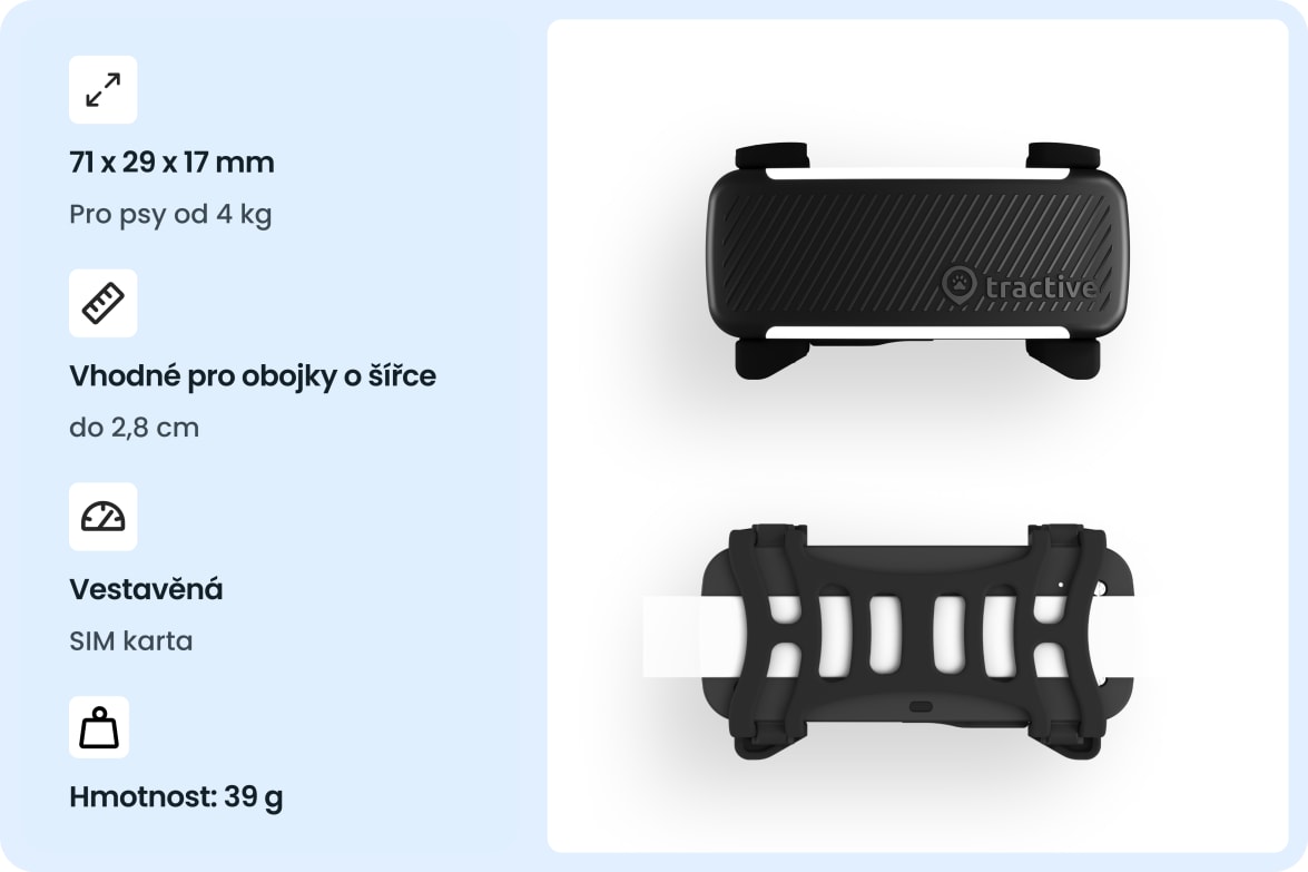 Tractive DOG 6 - Black tracker with dimensions, collar compatibility, built-in SIM, and weight specifications.