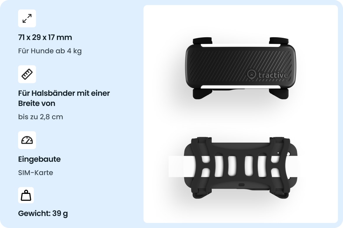 Tractive DOG 6 - Black tracker with dimensions, collar compatibility, built-in SIM, and weight specifications.