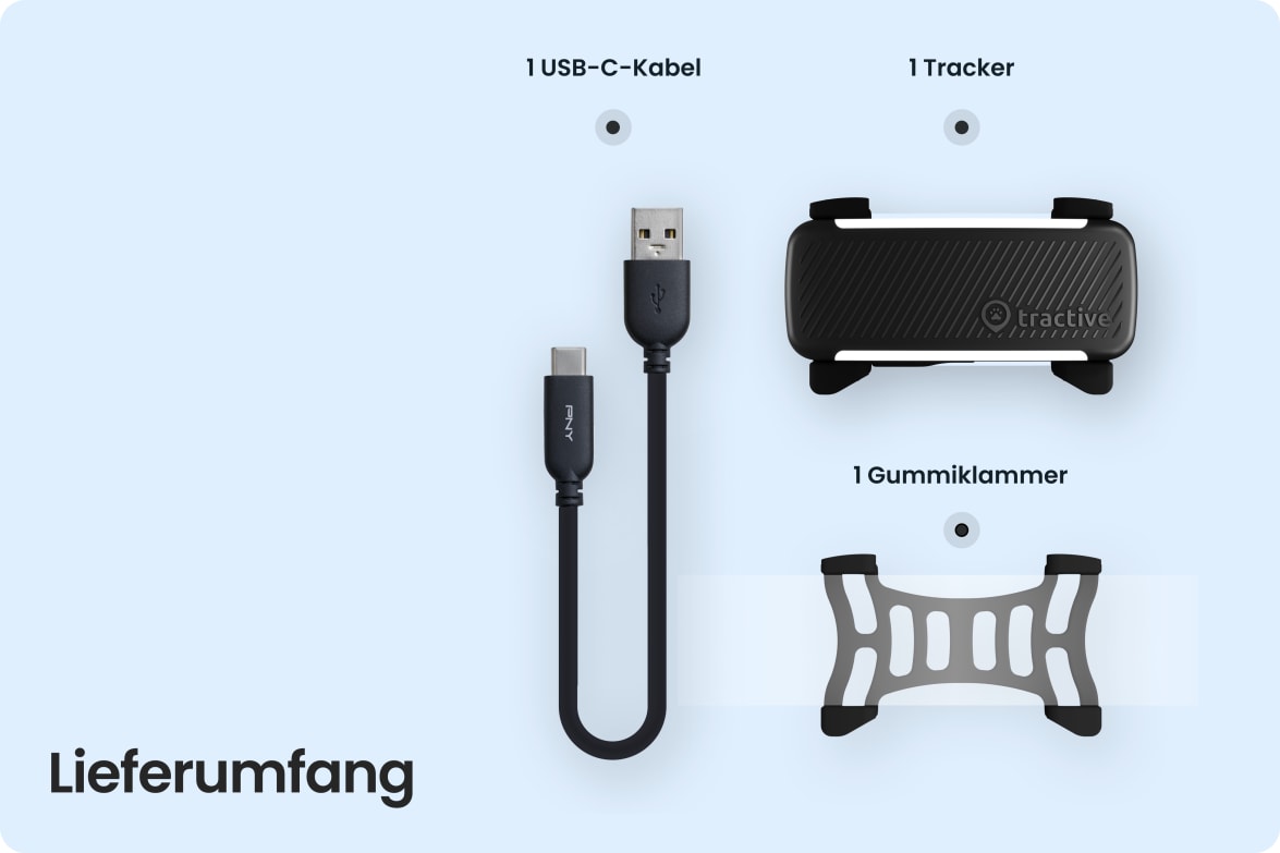Box contents including Tractive DOG 6 - Black tracker, USB-C cable, and rubber clip.