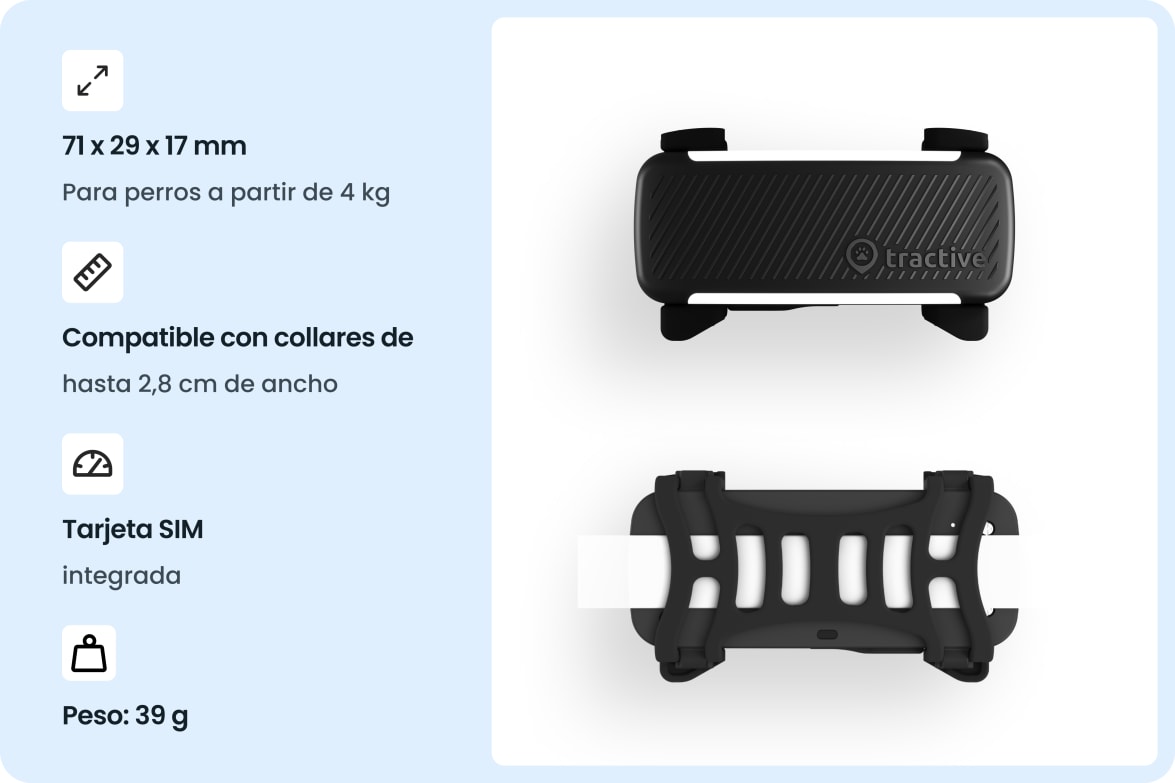 Tractive DOG 6 - Black tracker with dimensions, collar compatibility, built-in SIM, and weight specifications.