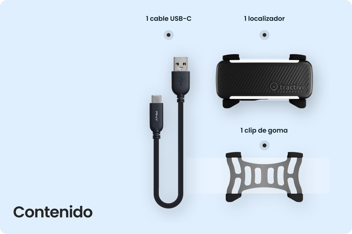 Box contents including Tractive DOG 6 - Black tracker, USB-C cable, and rubber clip.