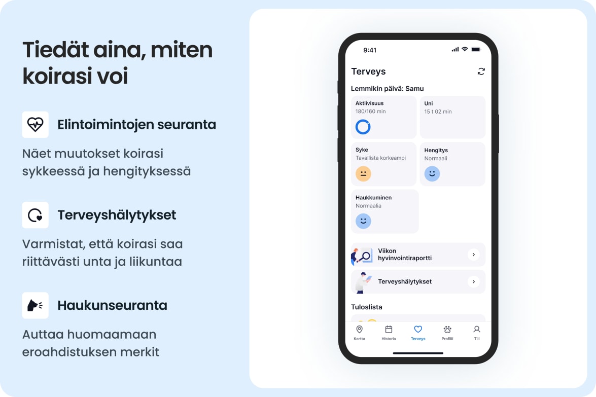 App interface showing dog health stats like activity, sleep, heart rate, and barking with alerts.