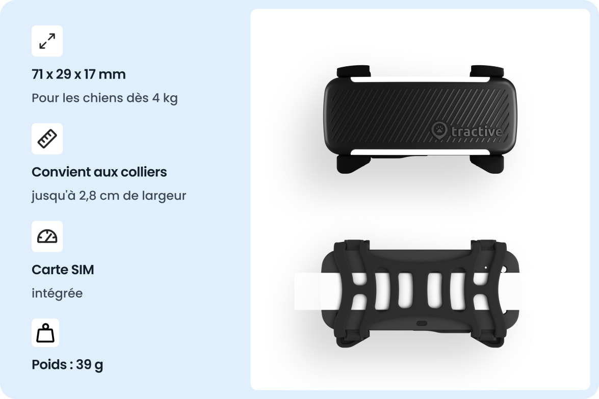 Tractive DOG 6 - Black tracker with dimensions, collar compatibility, built-in SIM, and weight specifications.