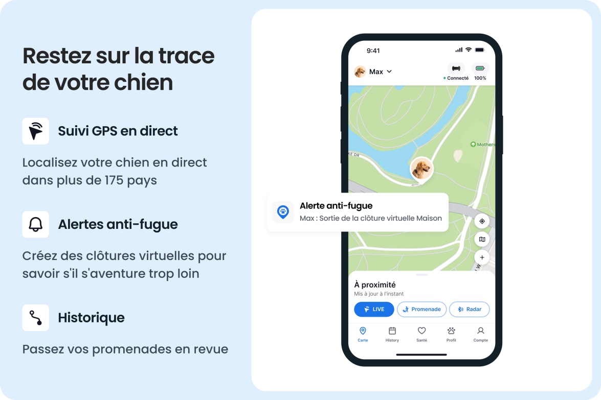 Tractive app showing live GPS tracking, escape alerts, and location history for dogs.