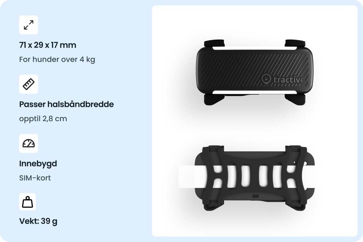 Tractive DOG 6 - Black tracker with dimensions, collar compatibility, built-in SIM, and weight specifications.