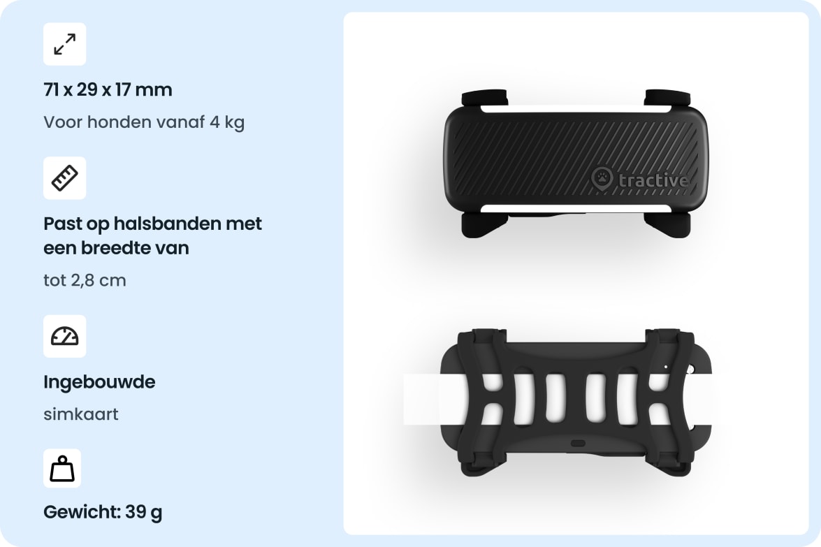 Tractive DOG 6 - Black tracker with dimensions, collar compatibility, built-in SIM, and weight specifications.