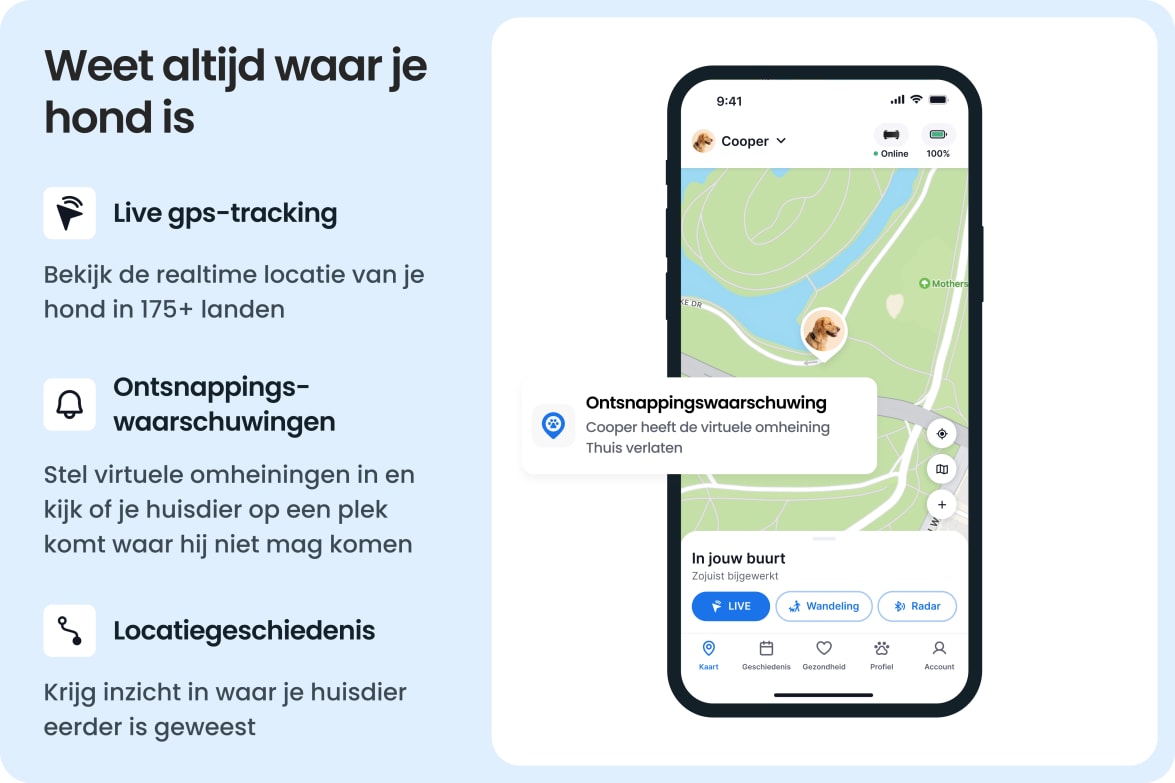 Tractive app showing live GPS tracking, escape alerts, and location history for dogs.