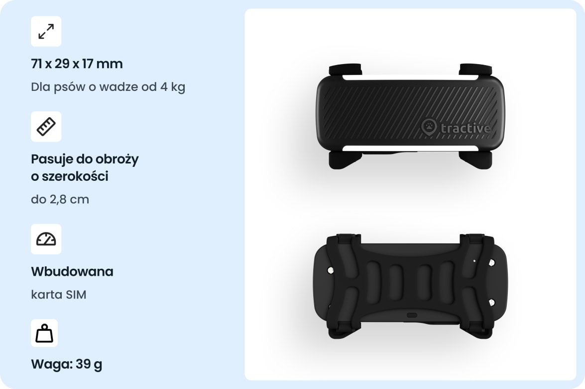 Tractive DOG 6 - Black tracker with dimensions, collar compatibility, built-in SIM, and weight specifications.
