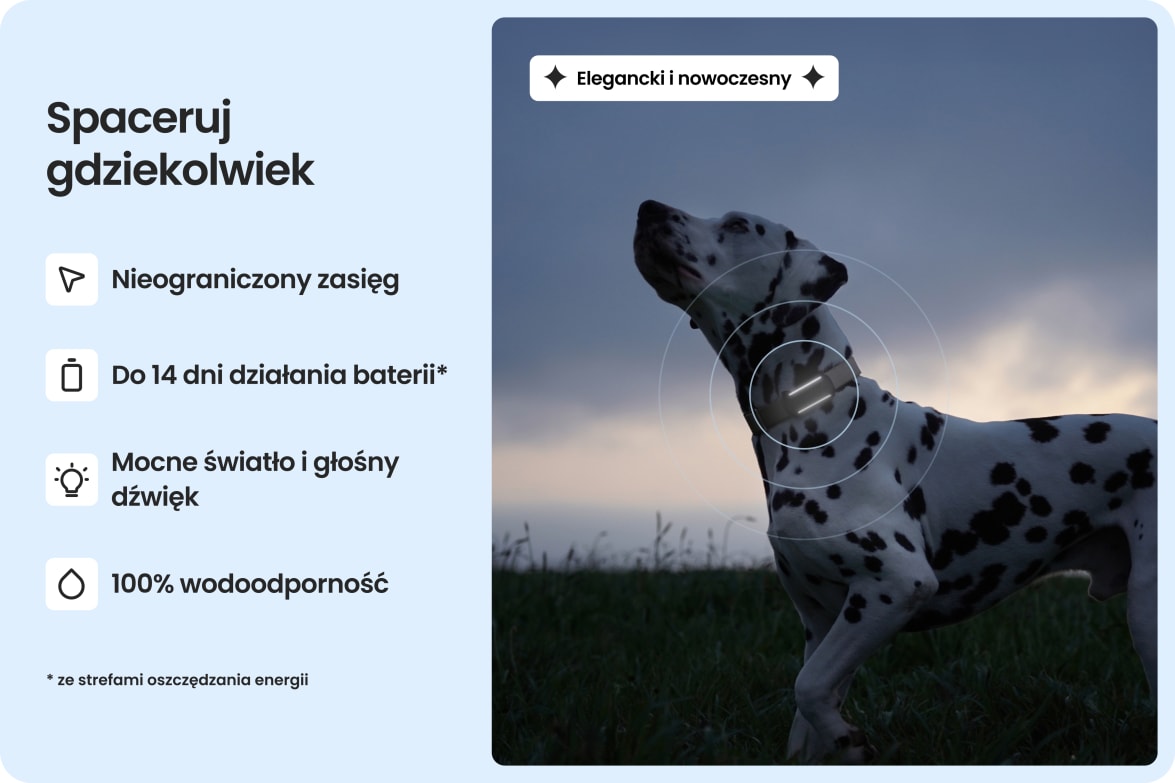 Dalmatian wearing Tractive DOG 6 - Black tracker, highlighting waterproof design, long battery life, and unlimited range.