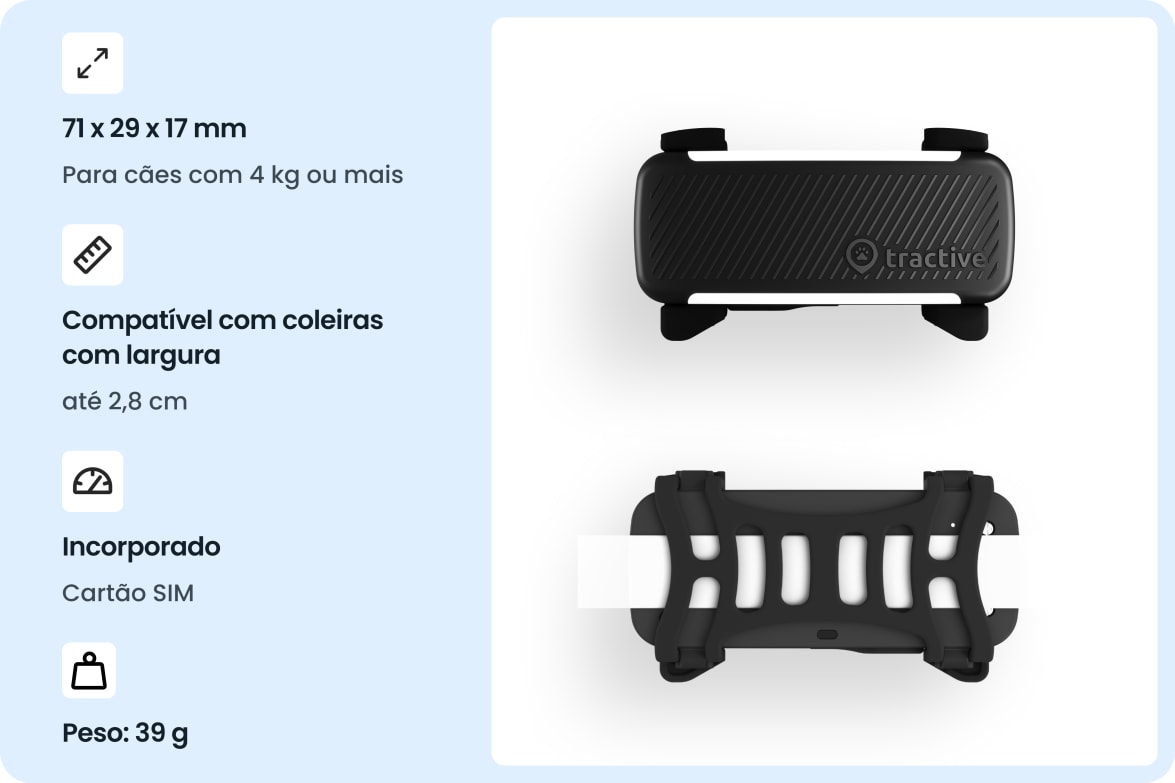 Tractive DOG 6 - Black tracker with dimensions, collar compatibility, built-in SIM, and weight specifications.