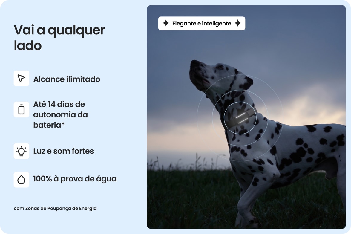Dalmatian wearing Tractive DOG 6 - Black tracker, highlighting waterproof design, long battery life, and unlimited range.