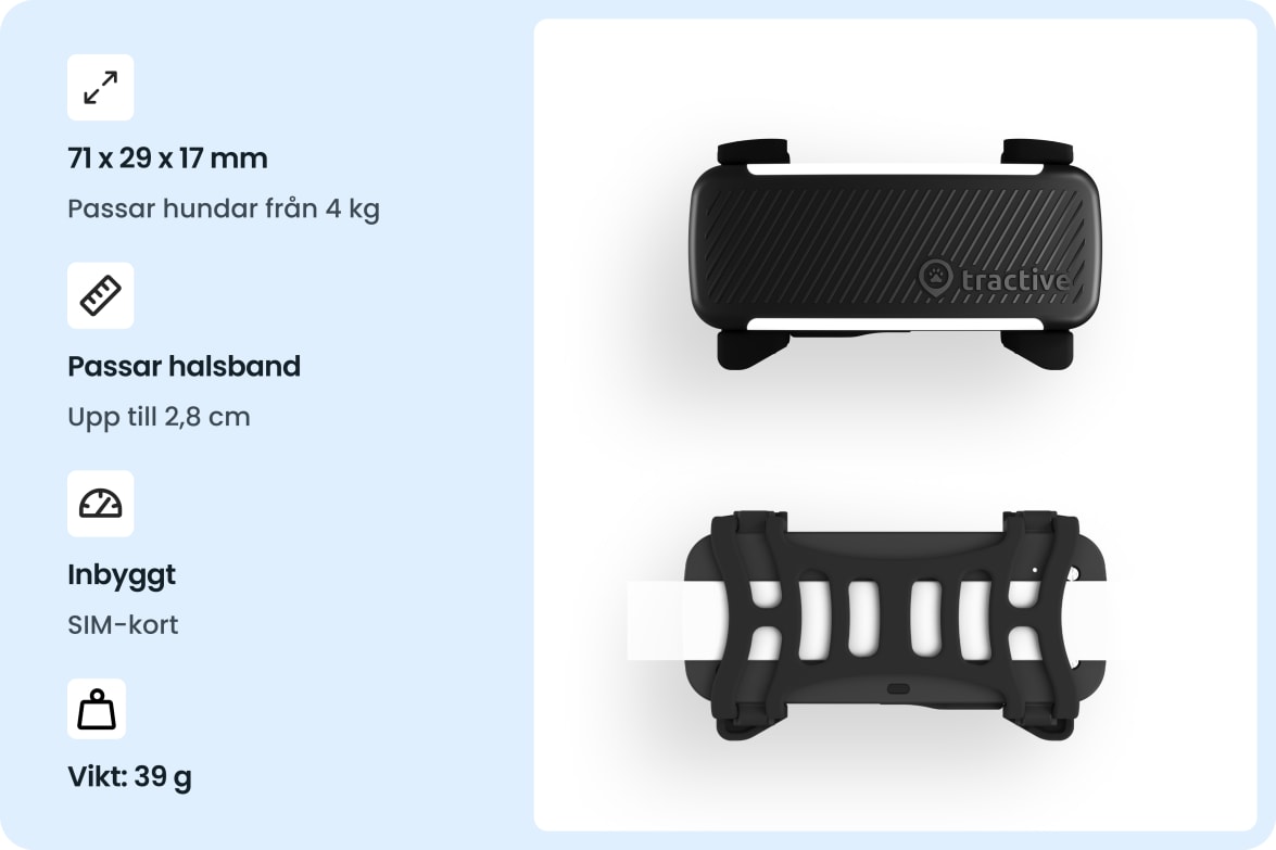 Tractive DOG 6 - Black tracker with dimensions, collar compatibility, built-in SIM, and weight specifications.