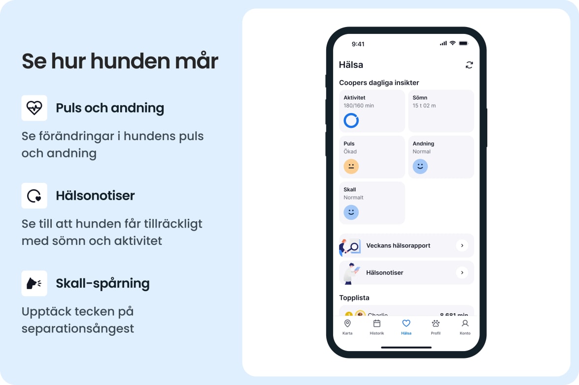 App interface showing dog health stats like activity, sleep, heart rate, and barking with alerts.
