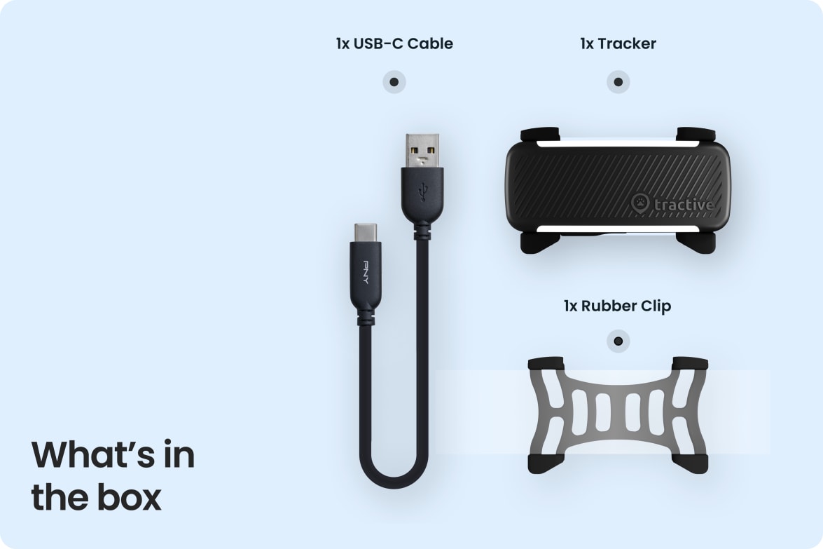 Box contents including Tractive DOG 6 - Black tracker, USB-C cable, and rubber clip.