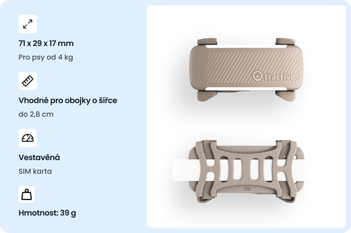 Tractive DOG 6 - Brown tracker with dimensions, collar compatibility, built-in SIM, and weight specifications.