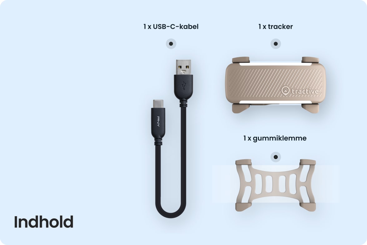 Box contents including Tractive DOG 6 - Brown tracker, USB-C cable, and rubber clip.