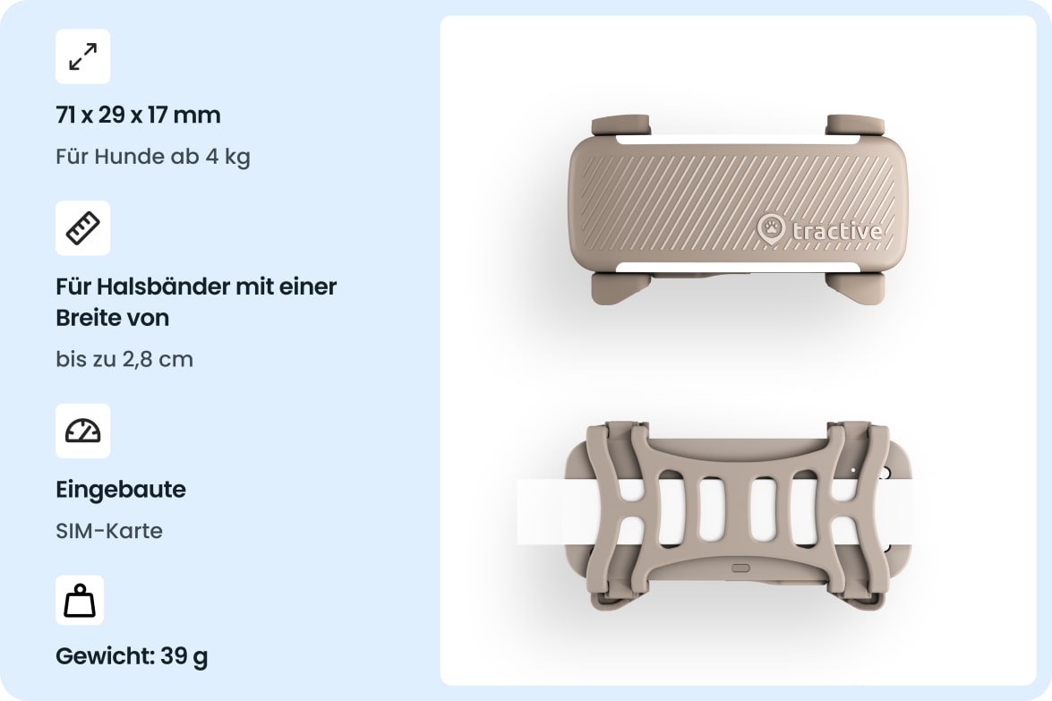 Tractive DOG 6 - Brown tracker with dimensions, collar compatibility, built-in SIM, and weight specifications.