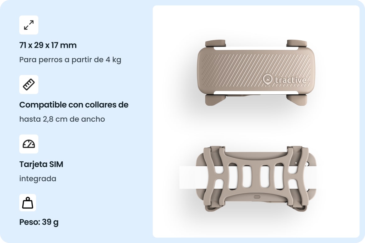 Tractive DOG 6 - Brown tracker with dimensions, collar compatibility, built-in SIM, and weight specifications.