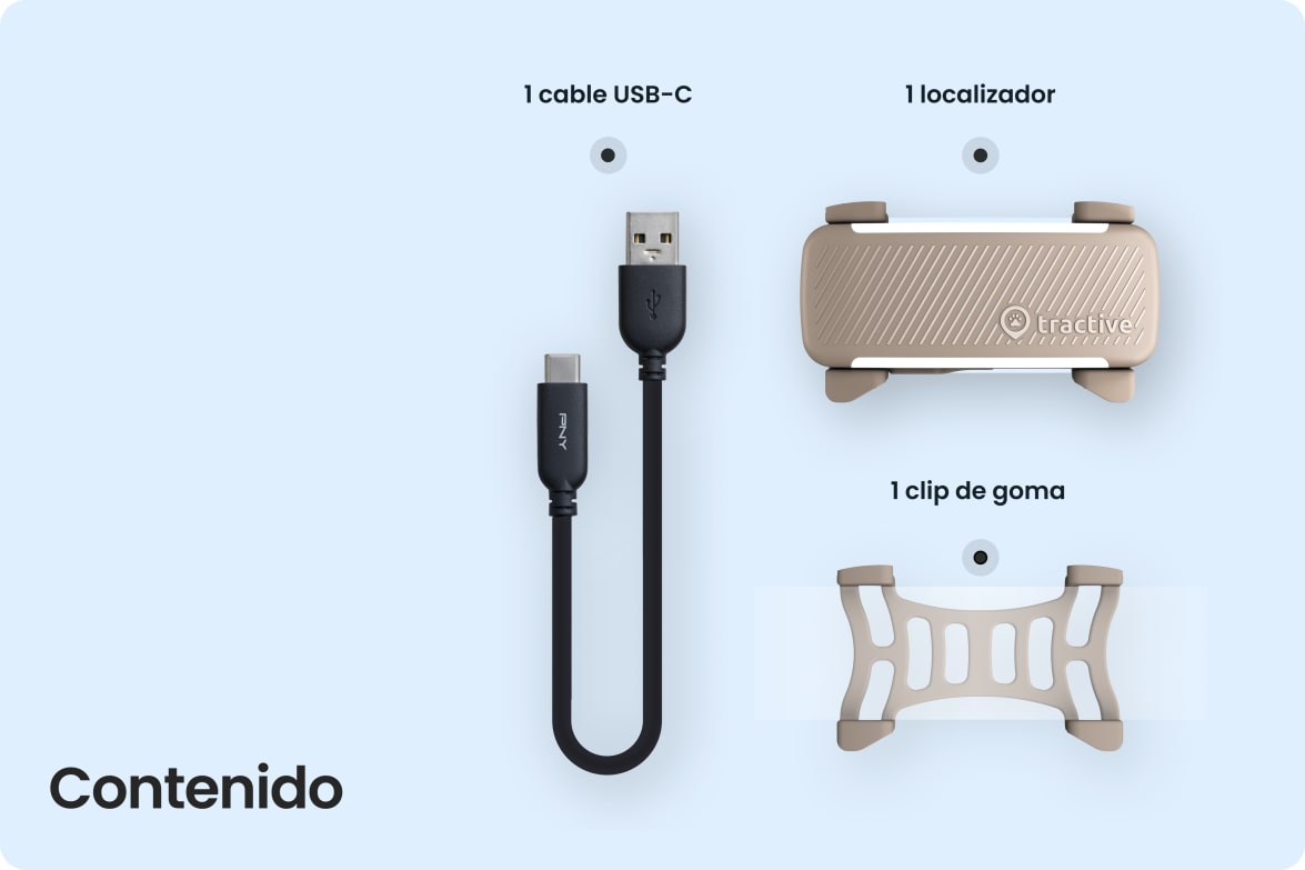 Box contents including Tractive DOG 6 - Brown tracker, USB-C cable, and rubber clip.