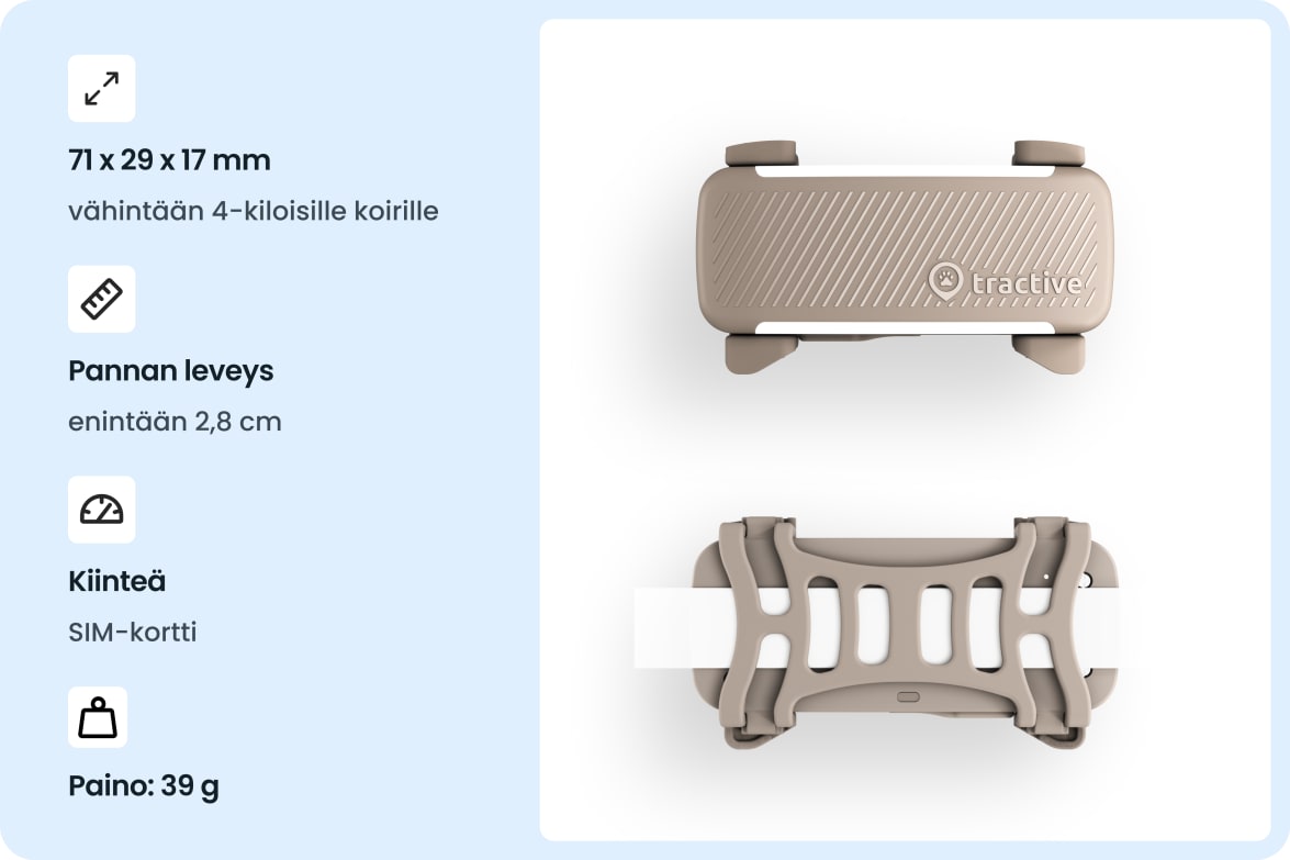 Tractive DOG 6 - Brown tracker with dimensions, collar compatibility, built-in SIM, and weight specifications.