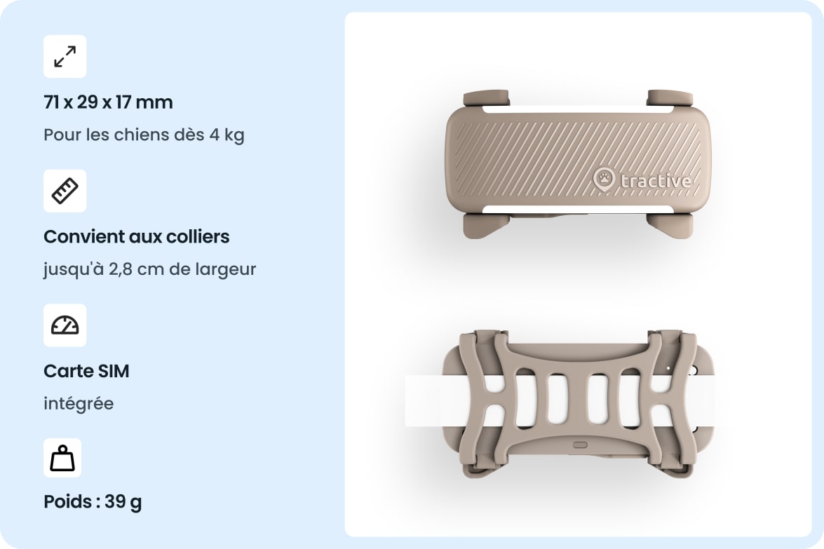 Tractive DOG 6 - Brown tracker with dimensions, collar compatibility, built-in SIM, and weight specifications.
