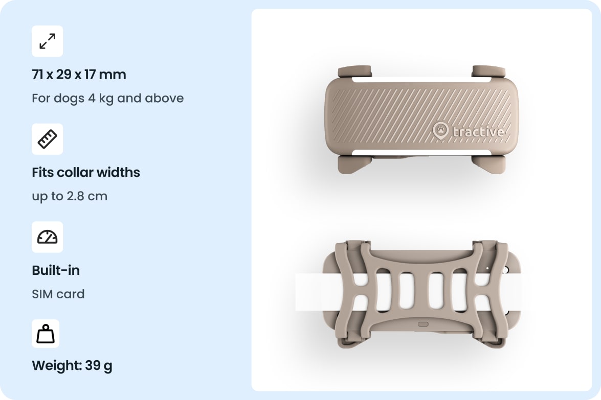 Tractive DOG 6 - Brown tracker with dimensions, collar compatibility, built-in SIM, and weight specifications.