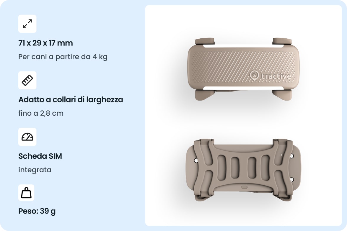 Tractive DOG 6 - Brown tracker with dimensions, collar compatibility, built-in SIM, and weight specifications.