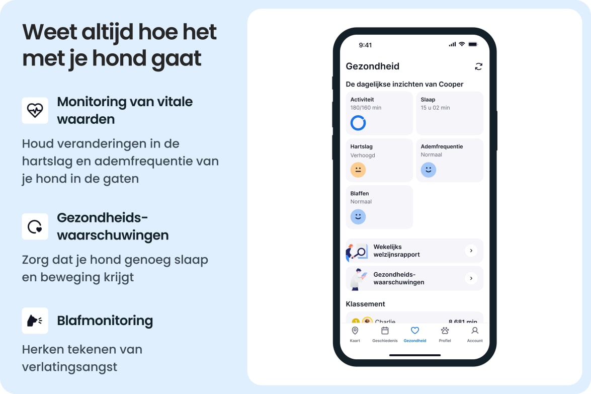 App interface showing dog health stats like activity, sleep, heart rate, and barking with alerts.