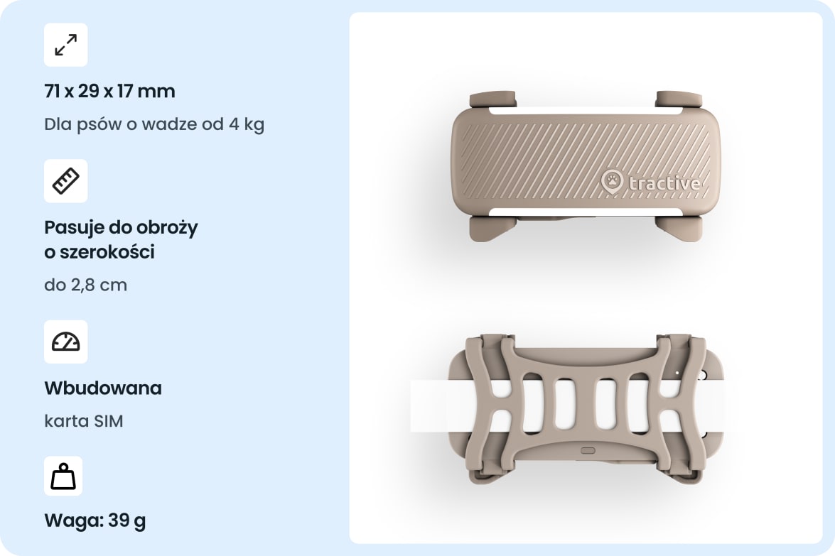 Tractive DOG 6 - Brown tracker with dimensions, collar compatibility, built-in SIM, and weight specifications.