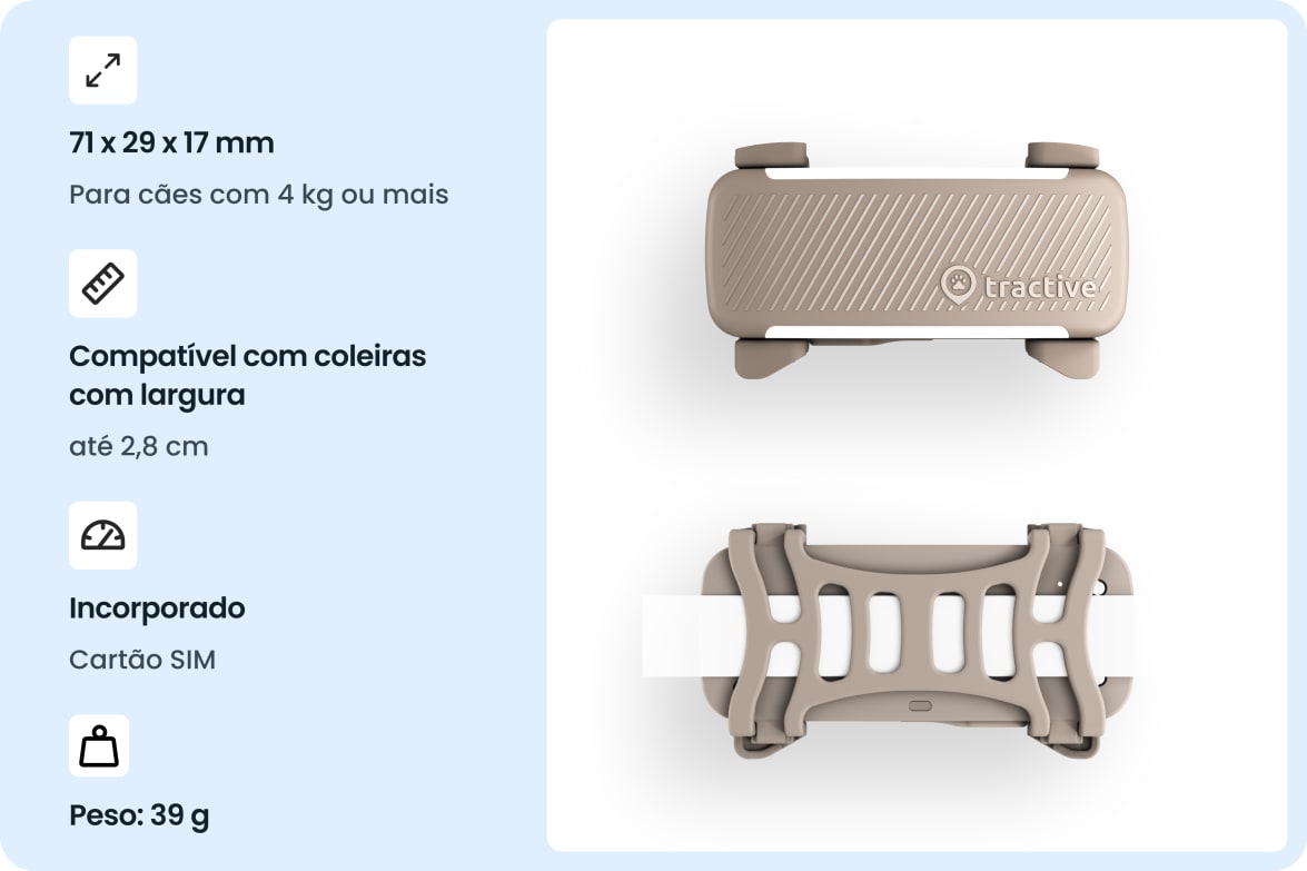 Tractive DOG 6 - Brown tracker with dimensions, collar compatibility, built-in SIM, and weight specifications.