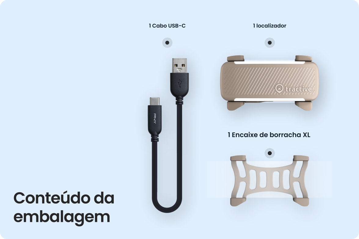 Box contents including Tractive DOG 6 - Brown tracker, USB-C cable, and rubber clip.