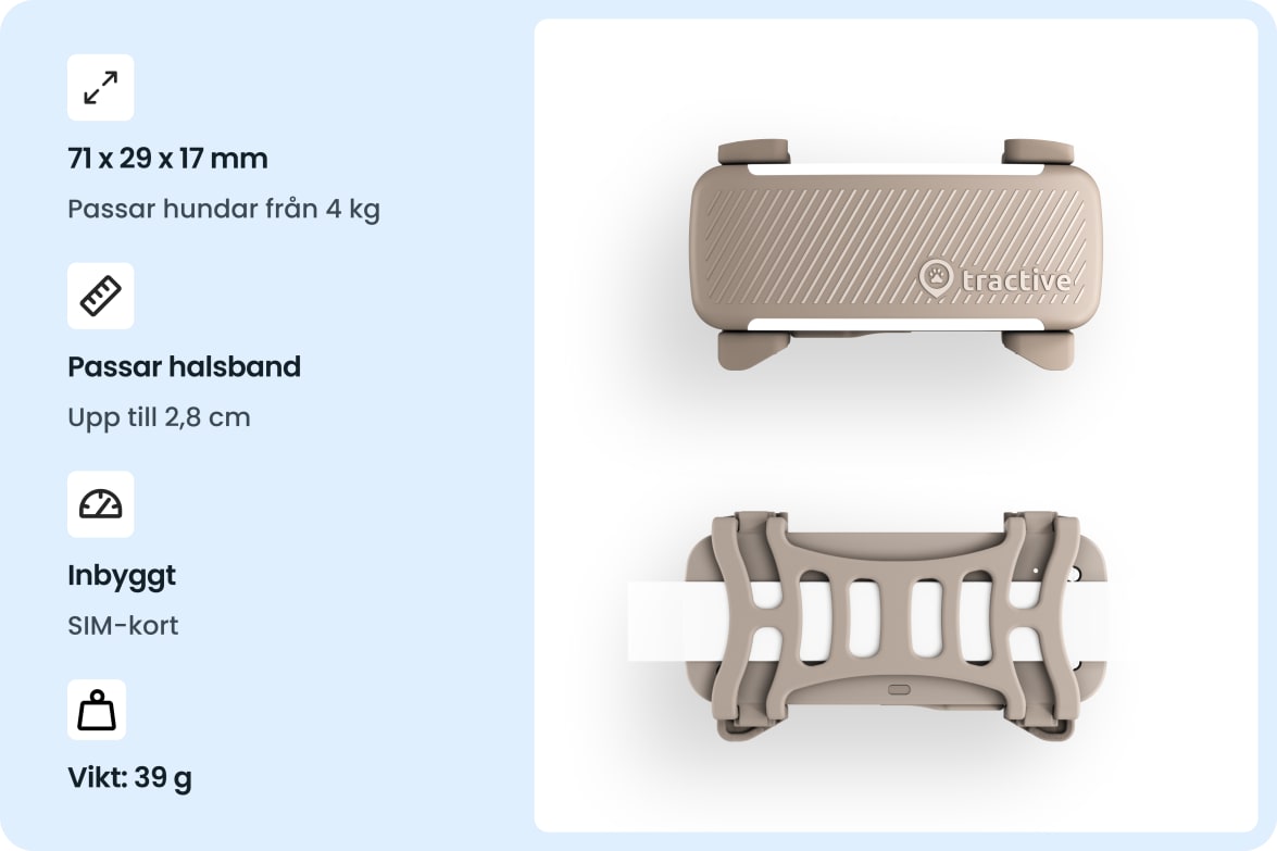 Tractive DOG 6 - Brown tracker with dimensions, collar compatibility, built-in SIM, and weight specifications.
