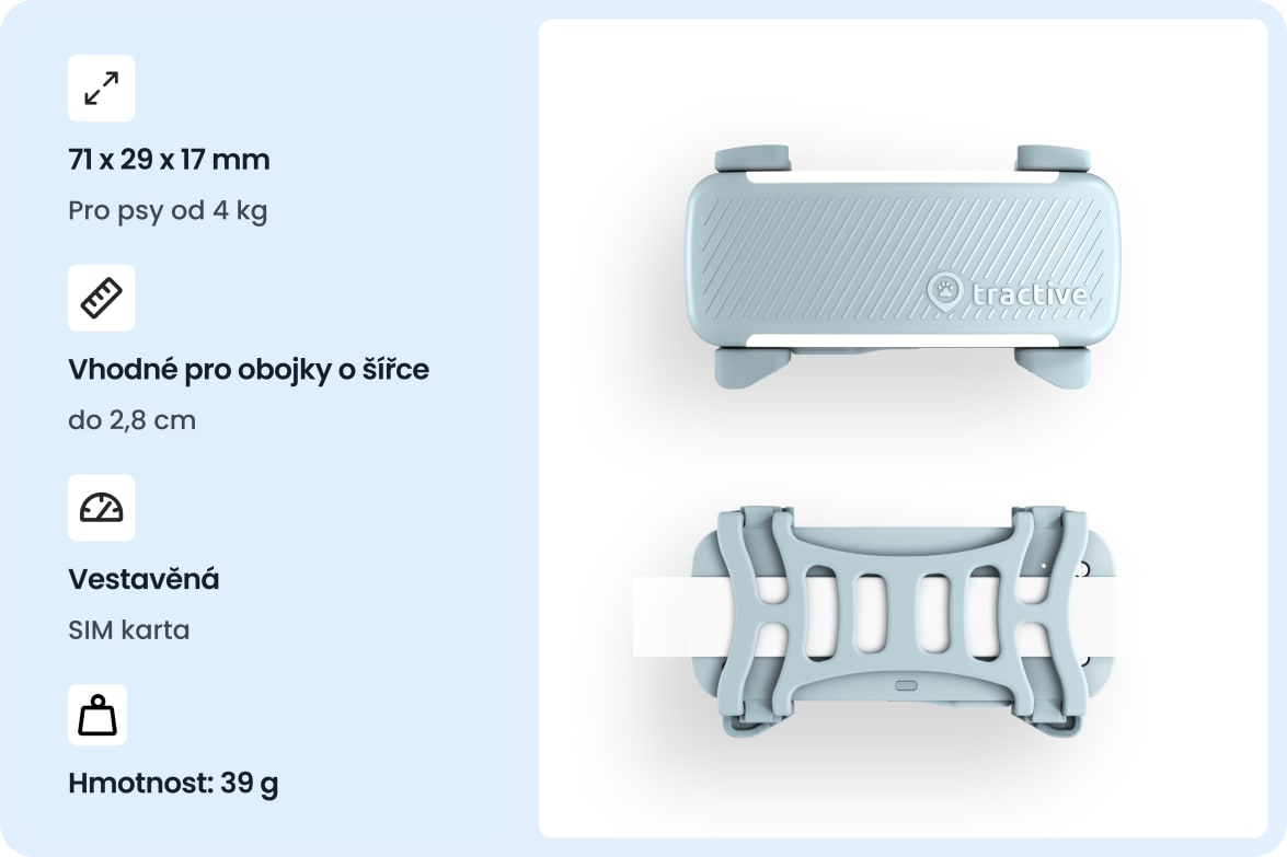 Tractive DOG 6 - Mint tracker with dimensions, collar compatibility, built-in SIM, and weight specifications.