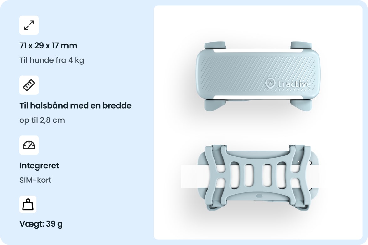 Tractive DOG 6 - Mint tracker with dimensions, collar compatibility, built-in SIM, and weight specifications.