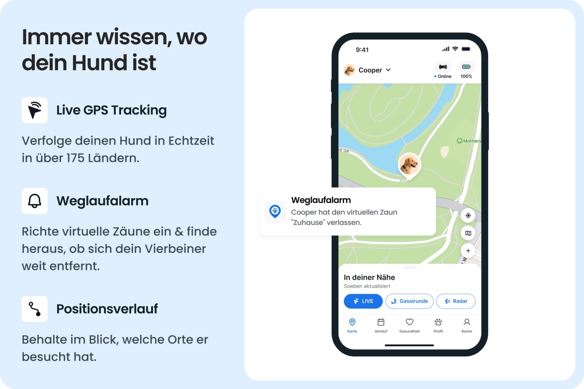 Tractive app showing live GPS tracking, escape alerts, and location history for dogs.