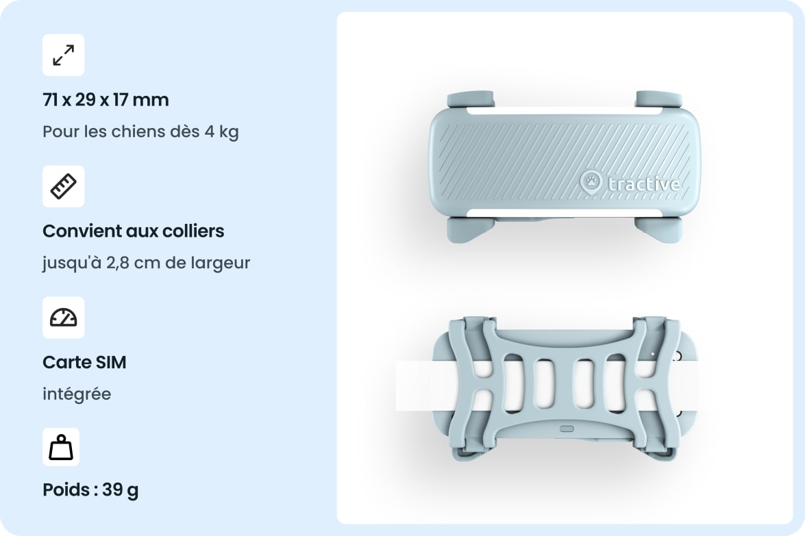 Tractive DOG 6 - Mint tracker with dimensions, collar compatibility, built-in SIM, and weight specifications.
