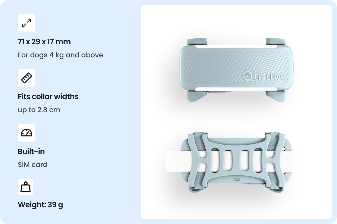 Tractive DOG 6 - Mint tracker with dimensions, collar compatibility, built-in SIM, and weight specifications.
