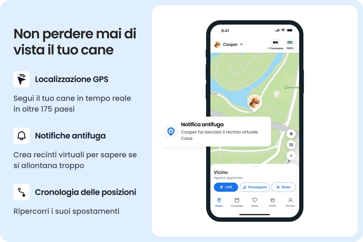 Tractive app showing live GPS tracking, escape alerts, and location history for dogs.
